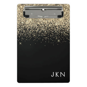 Gold Black Glitter Girly Monogram Initials Mini Clipboard