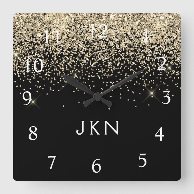 Gold Black Glitter Girly Monogram Initials Square Wall Clock (Front)