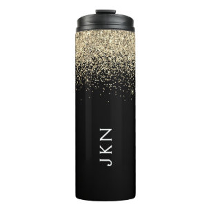 Gold Black Glitter Girly Monogram Initials Thermal Tumbler