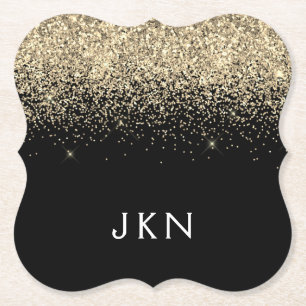Gold Black Glitter Girly Name Initials Monogram Paper Coaster