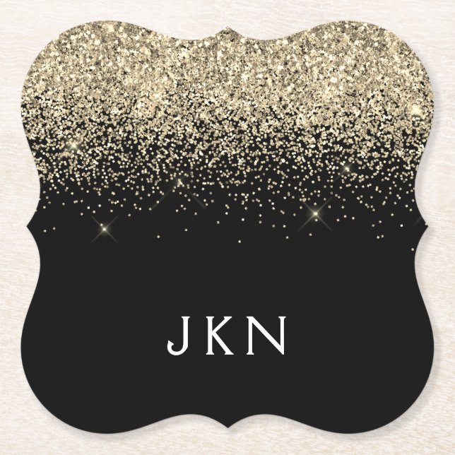 Gold Black Glitter Girly Name Initials Monogram Paper Coaster (Front)