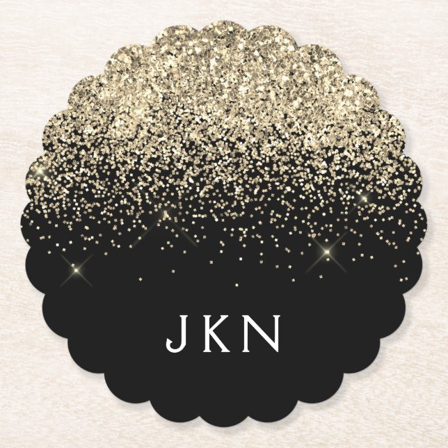 Gold Black Glitter Girly Name Initials Monogram Paper Coaster (Front)