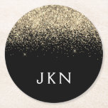 Gold Black Glitter Girly Name Initials Monogram Round Paper Coaster<br><div class="desc">Black and Gold Sparkle Glitter Monogram Name Paper Coasters. This makes the perfect graduation,  birthday,  wedding,  bridal shower,  anniversary,  baby shower or bachelorette party gift for someone that loves glam luxury and chic styles.</div>