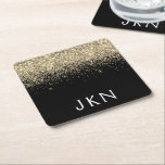 Gold Black Glitter Girly Name Initials Monogram Square Paper Coaster<br><div class="desc">Black and Gold Sparkle Glitter Monogram Name Paper Coasters. This makes the perfect graduation,  birthday,  wedding,  bridal shower,  anniversary,  baby shower or bachelorette party gift for someone that loves glam luxury and chic styles.</div>