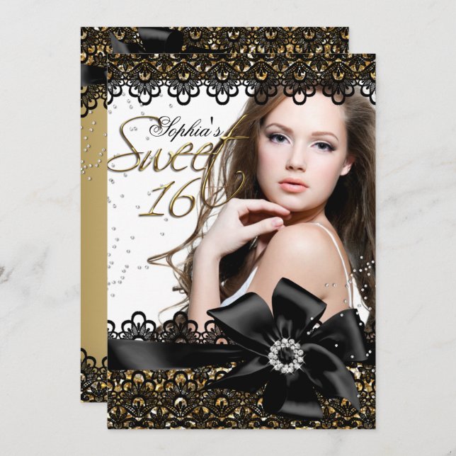 Gold & Black Glitter Lace Photo Sweet 16 Invite (Front/Back)