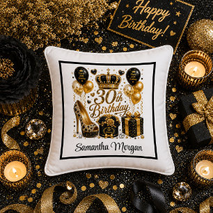 Gold Black Glitter Luxe 30th Birthday Pillow