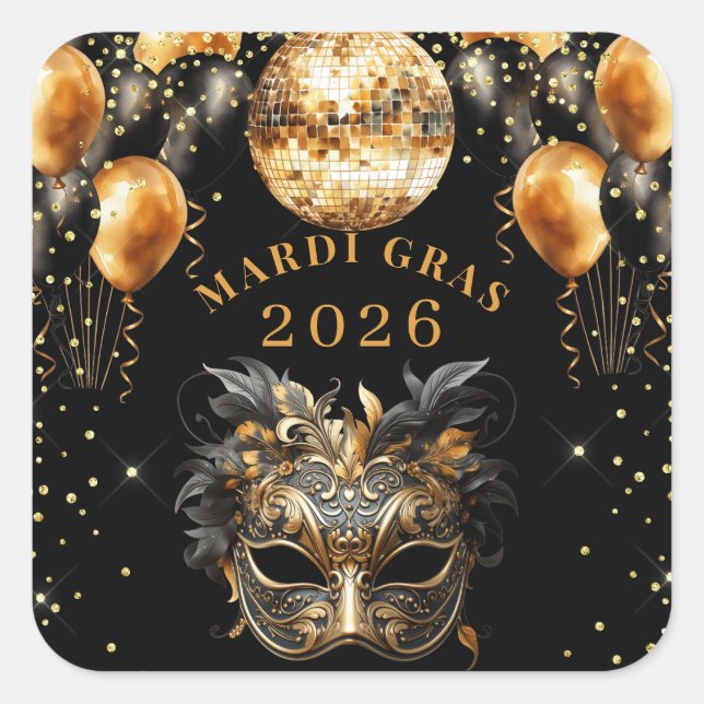 Gold Black glitter Mardi gras 2026 Square Sticker (Front)