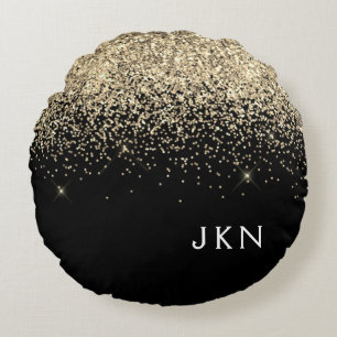 Gold Black Glitter Monogram Girly Initials Round Pillow