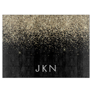 Gold Black Glitter Monogram Initials Monogram Cutting Board