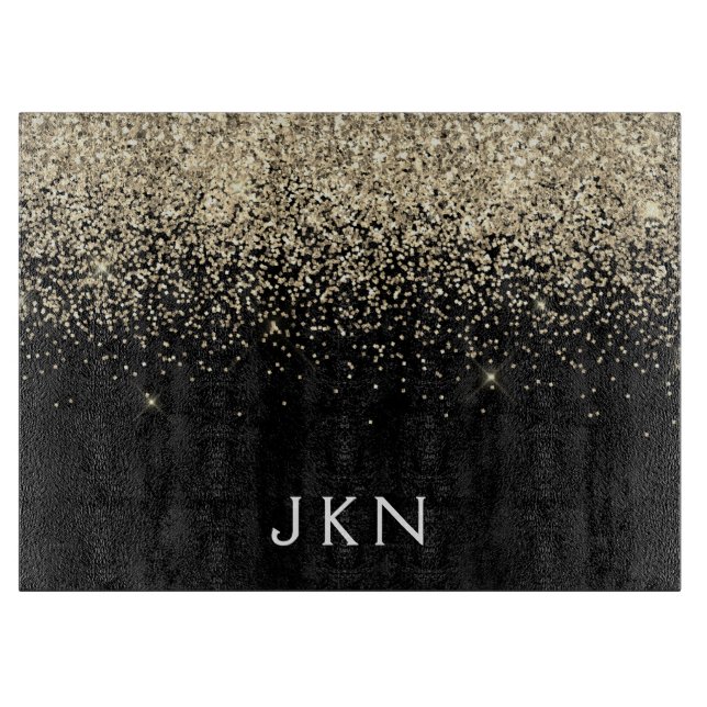 Gold Black Glitter Monogram Initials Monogram Cutting Board (Front)