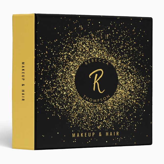Gold & Black Glitter Monogram Makeup Artist Hair Binder (Front/Spine)