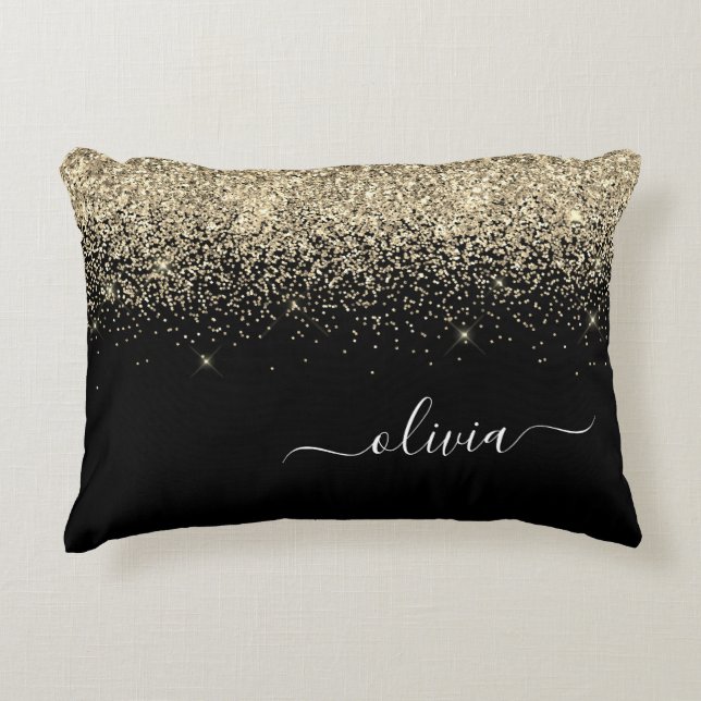 Gold Black Glitter Script Monogram Girly Name Accent Pillow (Front)