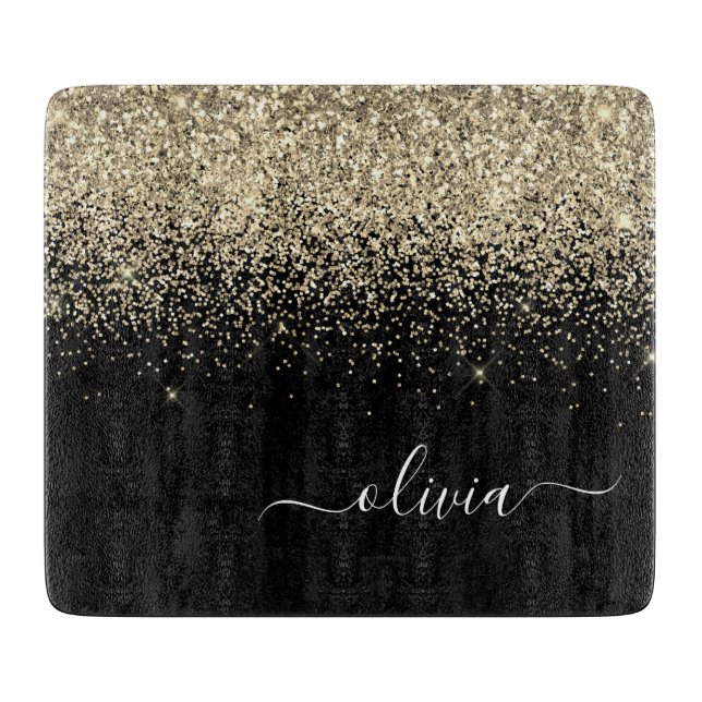 Gold Black Glitter Script Monogram Girly Name Cutting Board (Front)
