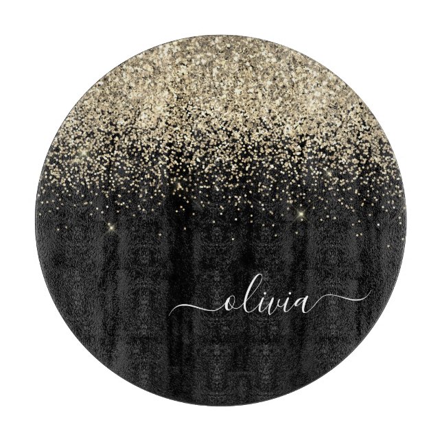 Gold Black Glitter Script Monogram Girly Name Cutting Board (Front)