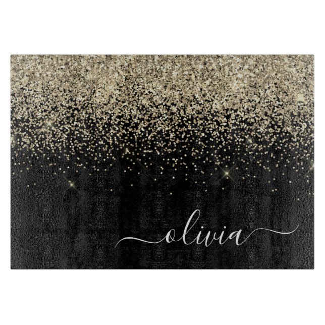Gold Black Glitter Script Monogram Girly Name Cutting Board (Front)