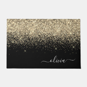 Gold Black Glitter Script Monogram Girly Name Doormat