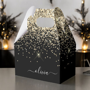 Gold Black Glitter Script Monogram Girly Name Favor Box