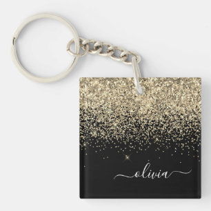 Gold Black Glitter Script Monogram Girly Name Keychain