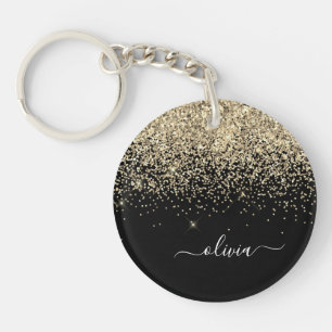 Gold Black Glitter Script Monogram Girly Name Keychain