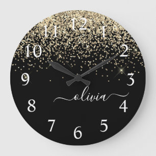 Gold Black Glitter Script Monogram Girly Name Large Clock
