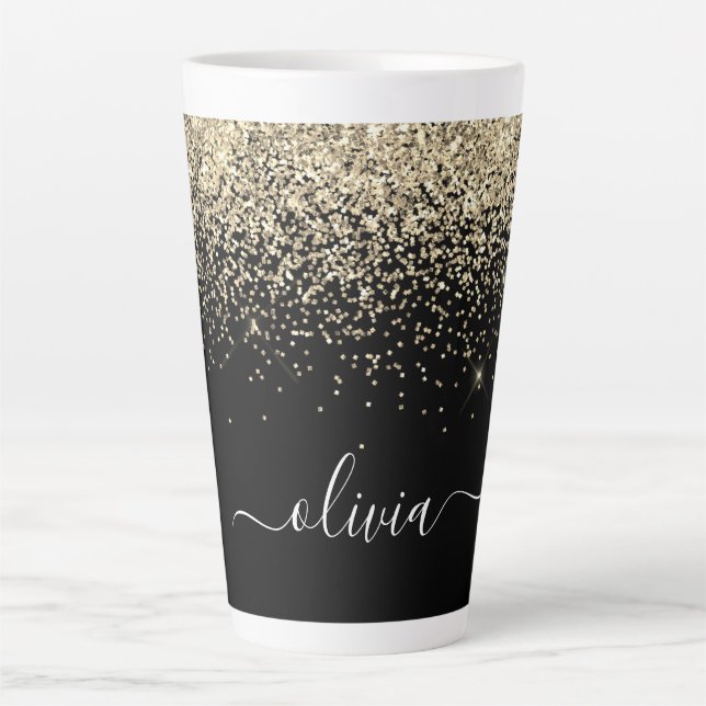 Gold Black Glitter Script Monogram Girly Name Latte Mug (Front)