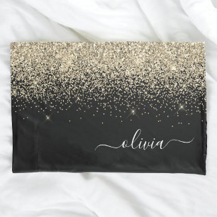 Gold Black Glitter Script Monogram Girly Name Pillowcase