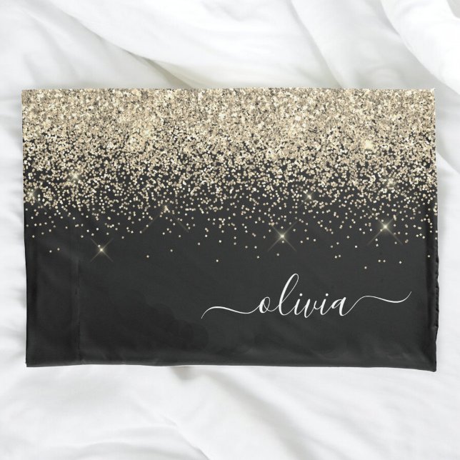 Gold Black Glitter Script Monogram Girly Name Pillowcase (Creator Uploaded)