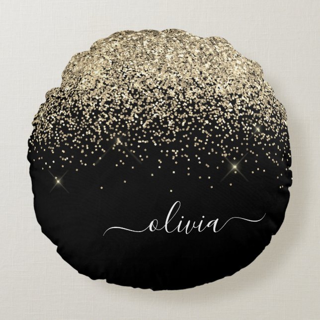 Gold Black Glitter Script Monogram Girly Name Round Pillow (Front)