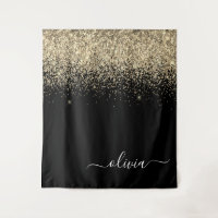 Gold Black Glitter Script Monogram Girly Name