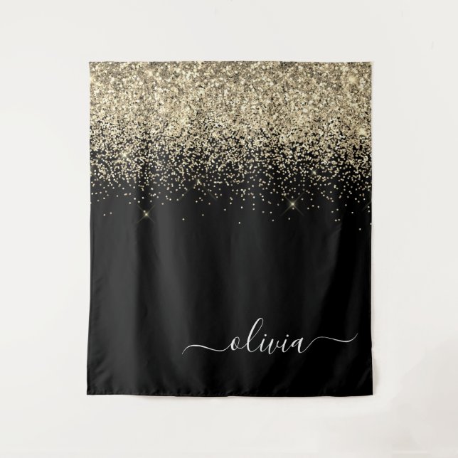 Gold Black Glitter Script Monogram Girly Name Tapestry (Front)