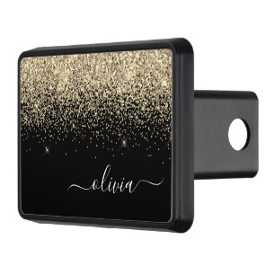 Gold Black Glitter Script Monogram Girly Name Trailer Hitch Cover