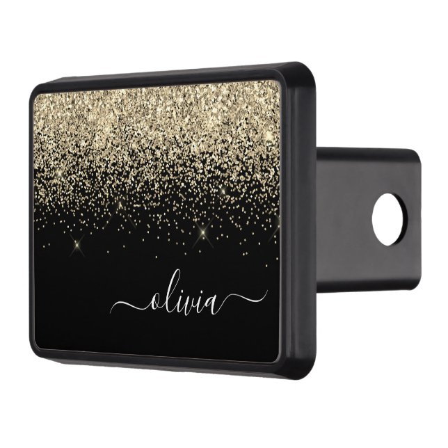 Gold Black Glitter Script Monogram Girly Name Trailer Hitch Cover (Left)