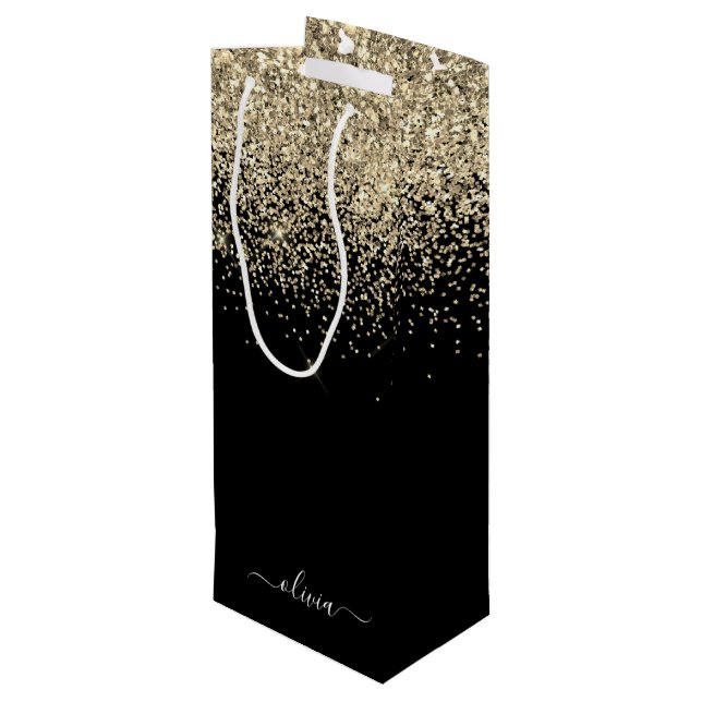 Gold Black Glitter Script Monogram Girly Name Wine Gift Bag (Back Angled)