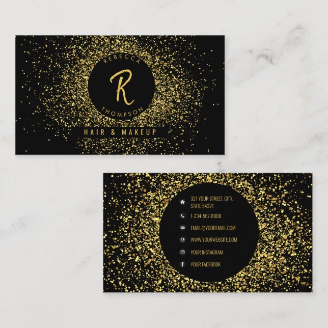 Gold & Black Glitter Social Media Business Card (Front/Back)
