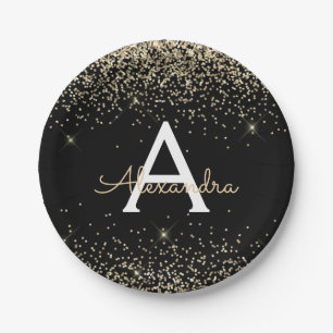 Gold Black Glitter Sparkle Monogram Birthday Paper Plate