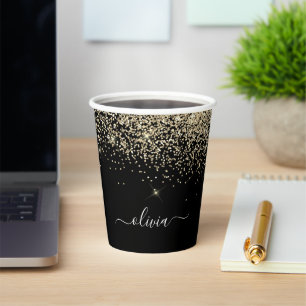 Gold Black Glitter Sparkle Monogram Paper Cups