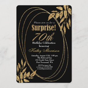 Gold Black Glitter Surprise 70th Birthday Party Invitation