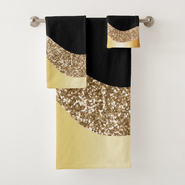 GOLD BLACK GLITTER WAVE BATHROOM TOWEL SET (Insitu)