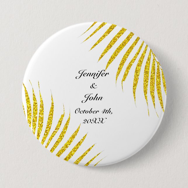 Gold Black Glittery Palm Leaf Tropical Wedding 3 Inch Round Button (Front)