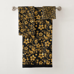 Gold Black Glossy Floral Bath Towel Set