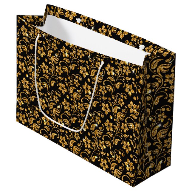 Gold Black Glossy Floral Large Gift Bag (Front Angled)