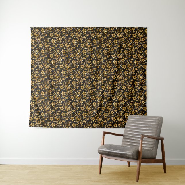 Gold Black Glossy Floral Tapestry (In Situ (Horizontal))