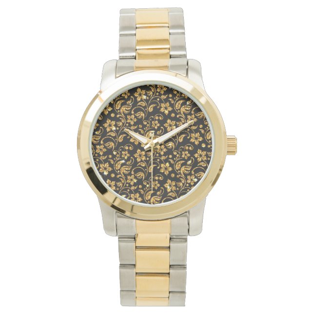 Gold Black Glossy Floral Watch (Front)
