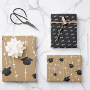 Gold & Black Graduation Cap Toss Wrapping Paper