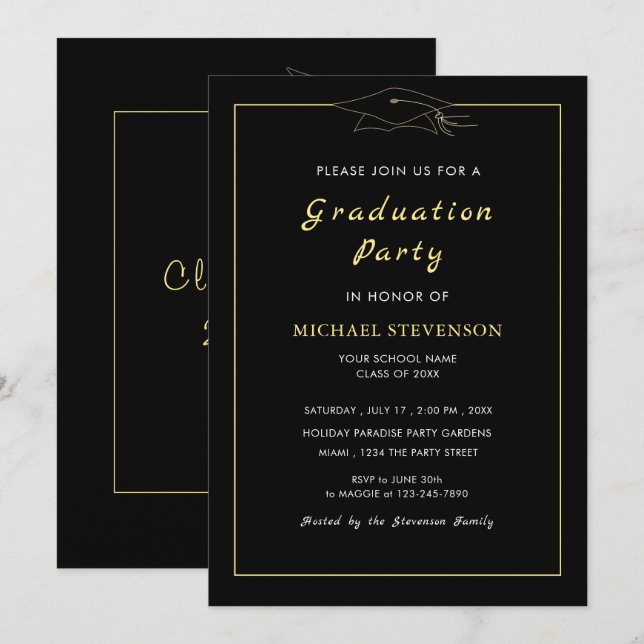Gold Black Graduation Party Invitation Template (Front/Back)