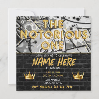 Gold Black Graffiti Crown Notorious ONE Birthday Invitation