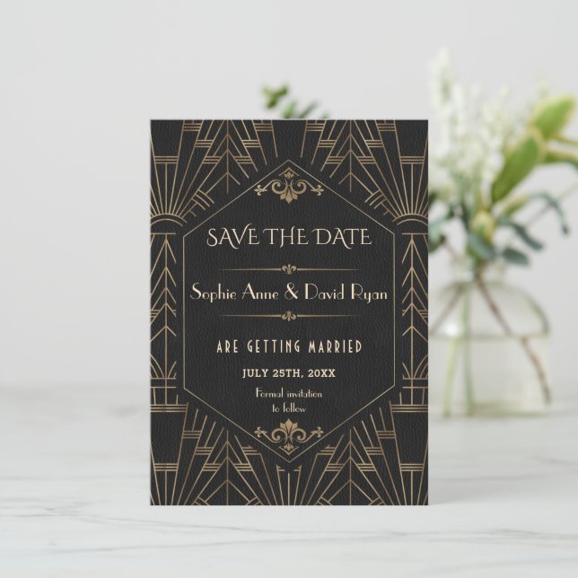 Gold Black Great Gatsby 20s Wedding Save The Date Invitation (Standing Front)