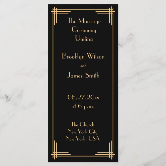 Gold Black Great Gatsby Art Déco Programme de mari (Devant)