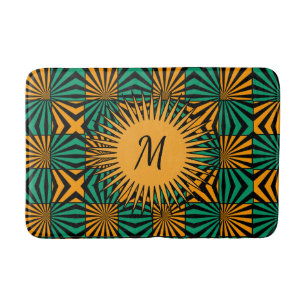 Gold Black Green Modern Geometric Monogram  Bath Mat