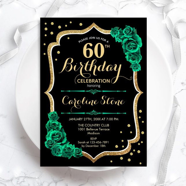 Gold Black Green Roses 60th Birthday Invitation (Creator Uploaded)
